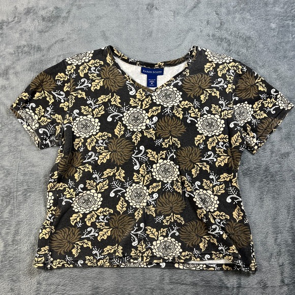 Karen Scott Tops - Karen Scott Blouse Top Womens Medium Black Multi Floral Print V Neck Cotton